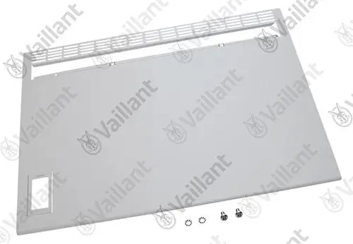 Vaillant Frontblech in Grau mit Lüftungsgitter oben und Ausschnitt unten; Zubehörteile wie Schrauben und Unterlegscheiben sind im Bild enthalten.